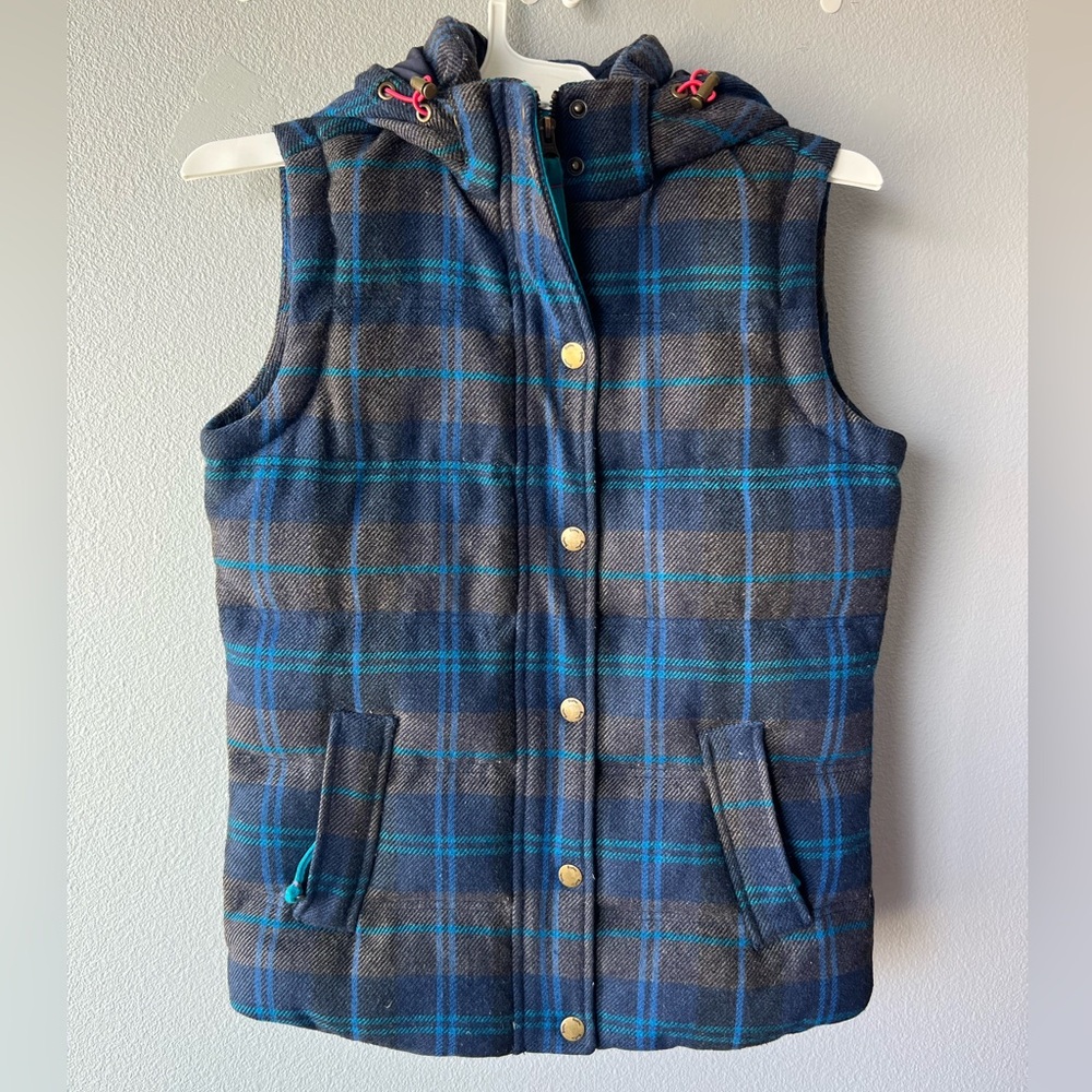 Boden blue brown plaid hooded wool blend down filled full zip vest Women’s sz 2